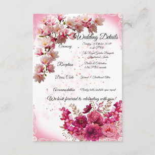 Pink Floral Wedding Details Card on White