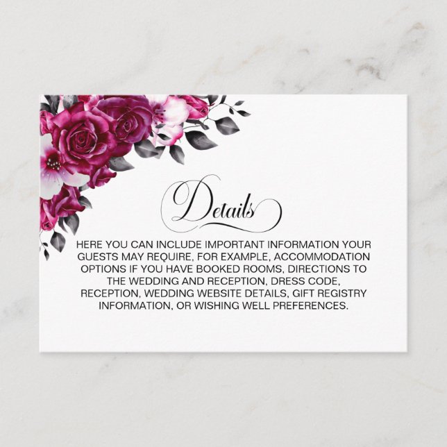Pink Floral Wedding Details Enclosure Card (Front)