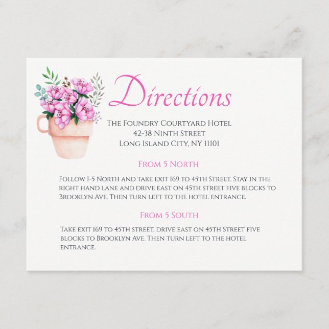 Pink Floral Wedding Directions Watercolor Flower Enclosure Card (Front)