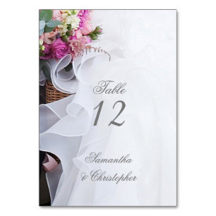 Pink floral wedding dress table number