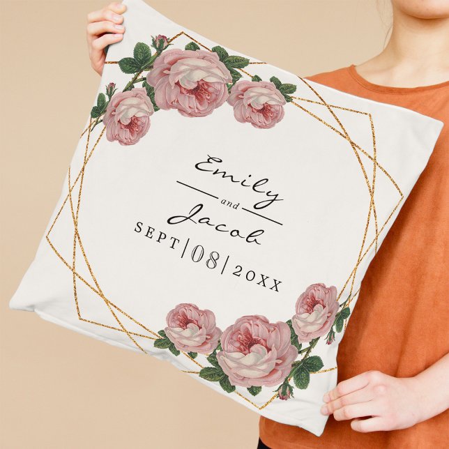 Pink Floral Wedding Elegant Gold Glitter Geometric Throw Pillow (Creator Uploaded)