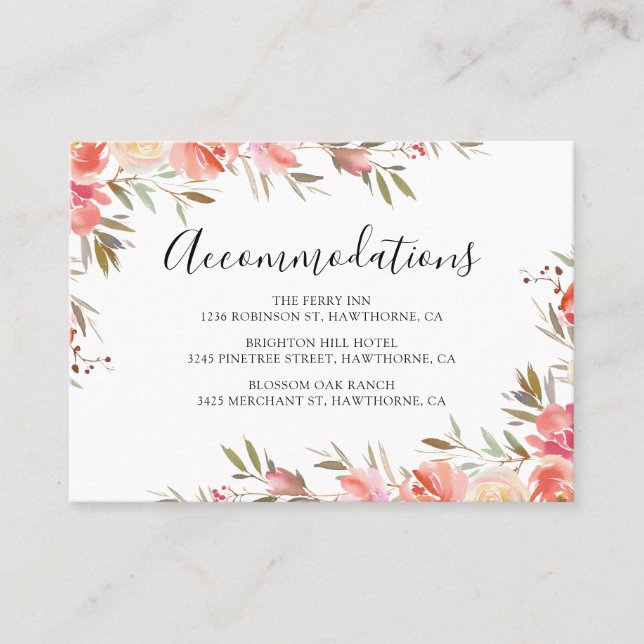 Pink Floral Wedding Hotel Accommodation Business Card (Front)
