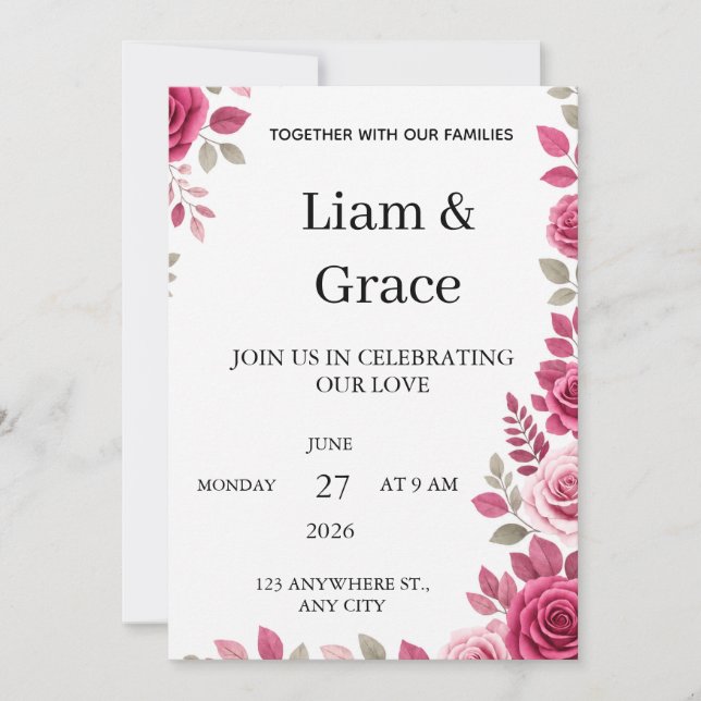 Pink Floral Wedding Invitation (Front)
