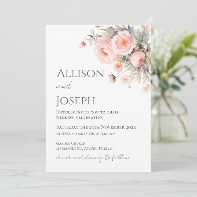 Pink Floral Wedding  Invitation (Standing Front)