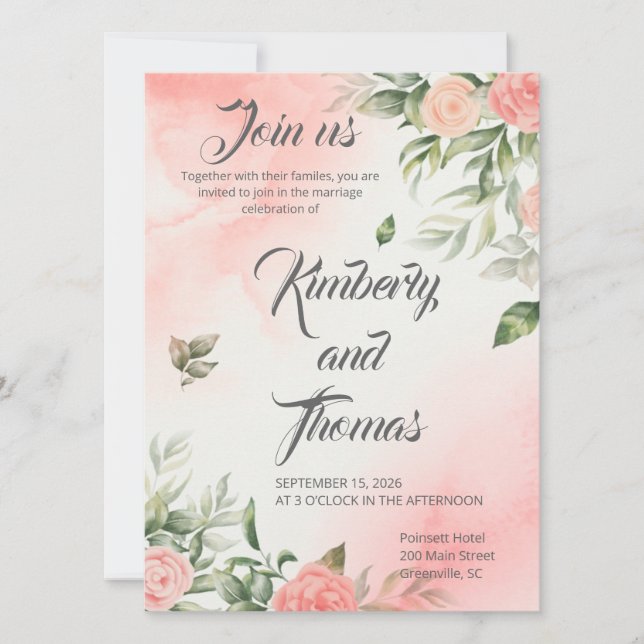 Pink Floral Wedding Invitation - Elegant (Front)