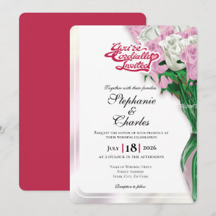 Pink Floral Wedding Invite - Red Heading #2