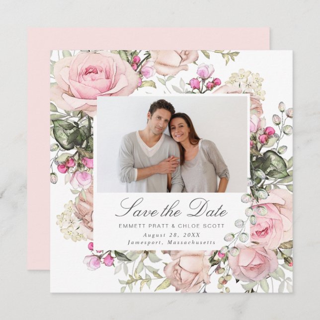 Pink Floral Wedding Photo Save the Date Card (Front/Back)
