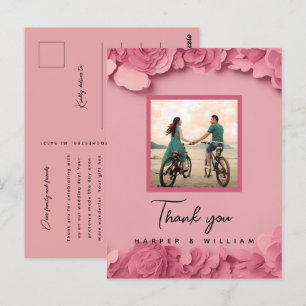 Pink floral wedding photo thank you postcard