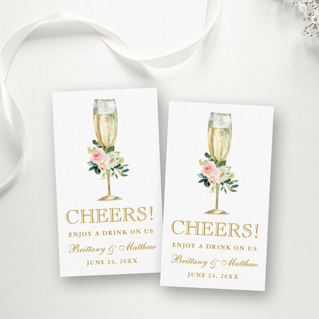 Pink Floral Wedding Reception Drink Ticket Card (Customize to change text color, style, size or to add more text to back of card.)