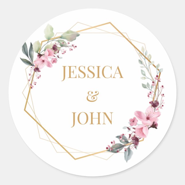 Pink Floral Wedding Round Sticker  (Front)