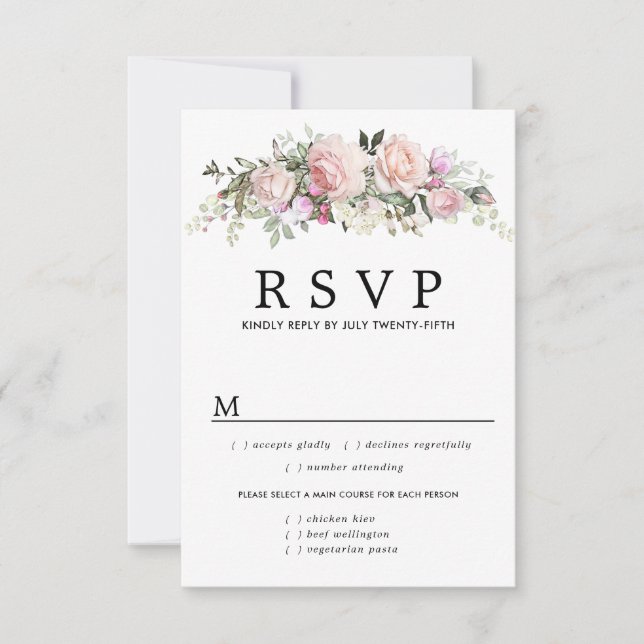 Pink Floral Wedding RSVP Card, Meal Options (Front)