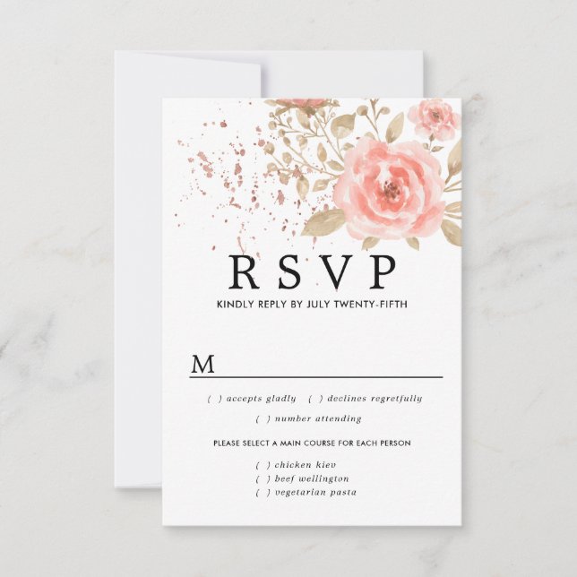 Pink Floral Wedding RSVP Card, Meal Options Card (Front)