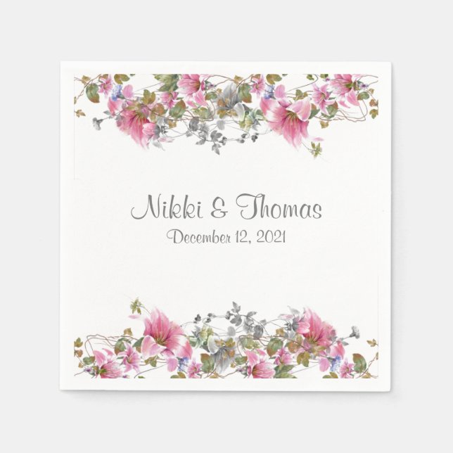 Pink Floral Wedding Script Name Elegant Pretty Napkin (Front)