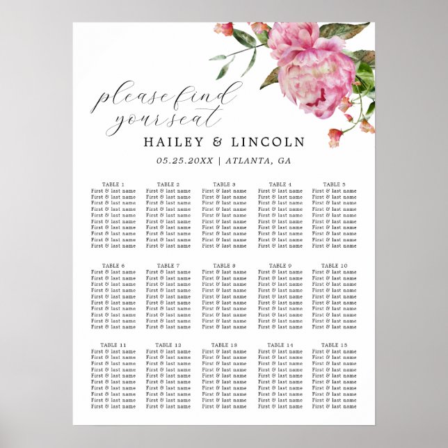 Pink Floral Wedding Seating Chart (Front)