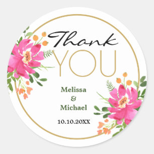 Pink Floral Wedding  Thank You Classic Round Sticker