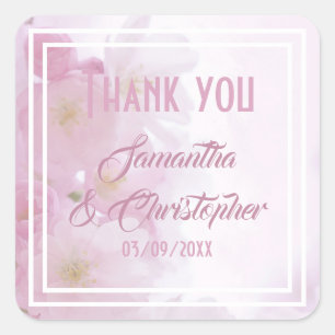 Pink floral wedding thank you square sticker