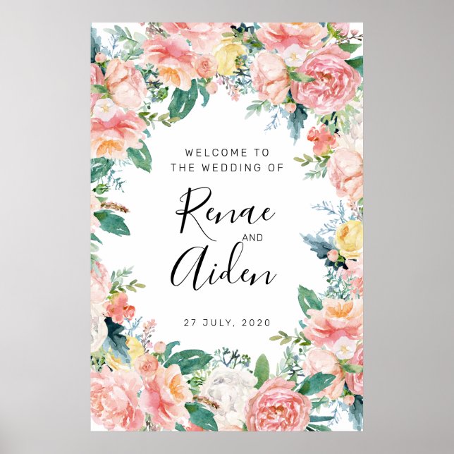 Pink Floral Wedding welcome sign, Floral welcome Poster (Front)