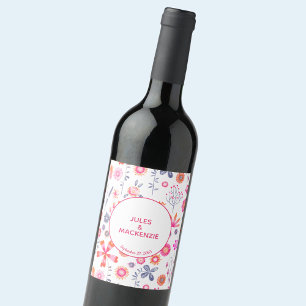 Pink Floral Wedding Wine Label