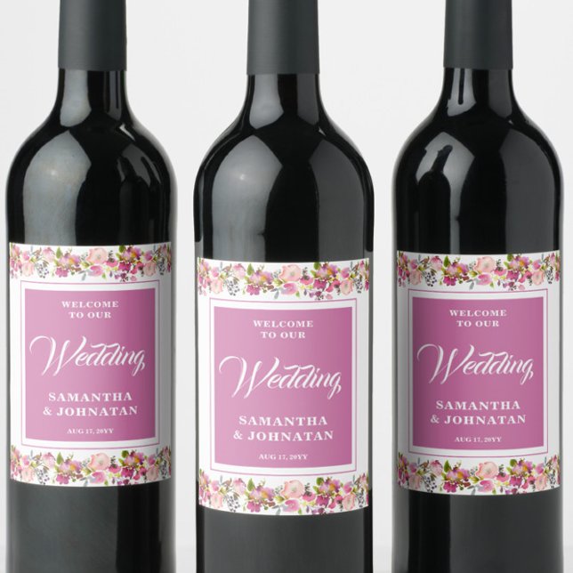 Pink Floral Wedding  Wine Label (Creator Uploaded)