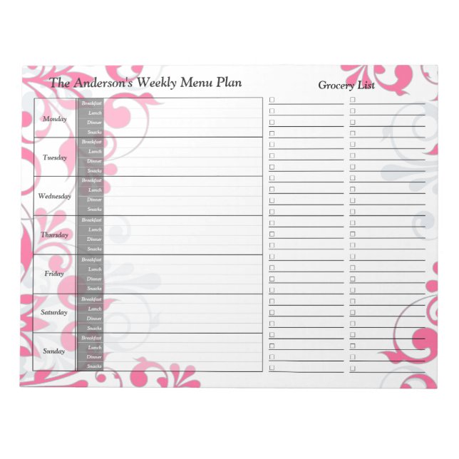Pink Floral Weekly Personalized Menu Plan Notepad (Front)