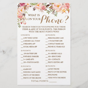 Pink Floral What is on your Phone Shower Game Card