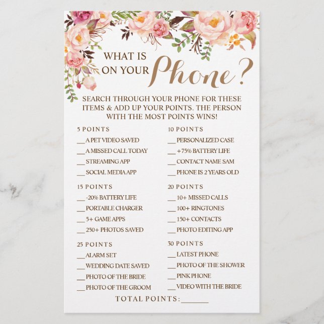 Pink Floral What is on your Phone Shower Game Card (Front)