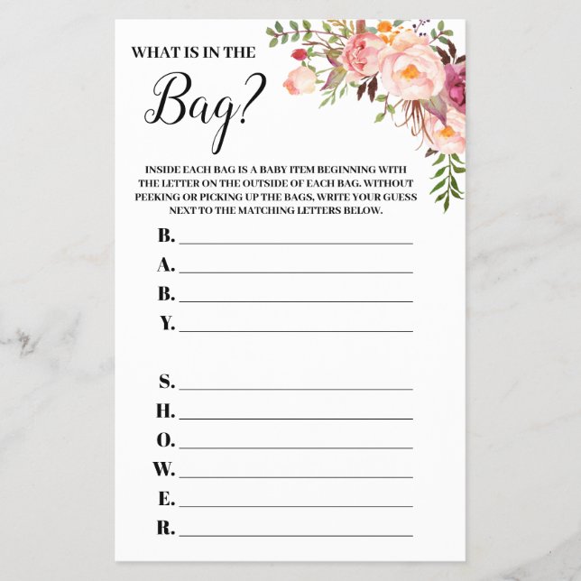 Pink Floral Whats in the Bag Baby Shower Game card (Front)