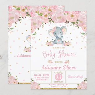 Pink Floral Whimsical Elephant Girl Baby Shower Invitation