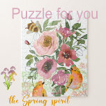 Pink floral white Puzzle with birds<br><div class="desc">Find this cute Pink Roses and Flowers puzzle on a White Background. This Floral puzzle with beautifully crafted pink Watercolor flowers and Monogram, cute yellow birds, and a bumblebee will make your little one while putting the pieces together. It would make a great gift for your little girl, niece, or...</div>