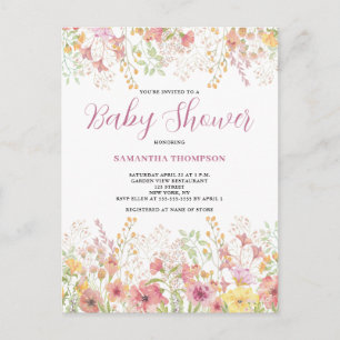 Pink Floral Wildflower Watercolor Baby Shower   Invitation Postcard