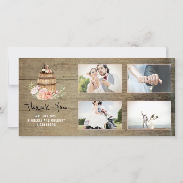 Pink Floral Wine Barrel Rustic Thank You Wedding (Front)