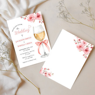 Pink Floral Wine Glass Watercolor Wedding Invitation