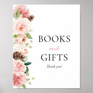 Pink Floral Winter Baby Shower Books & Gifts Sign
