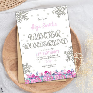 Pink Floral Winter Wonderland Birthday Invitations