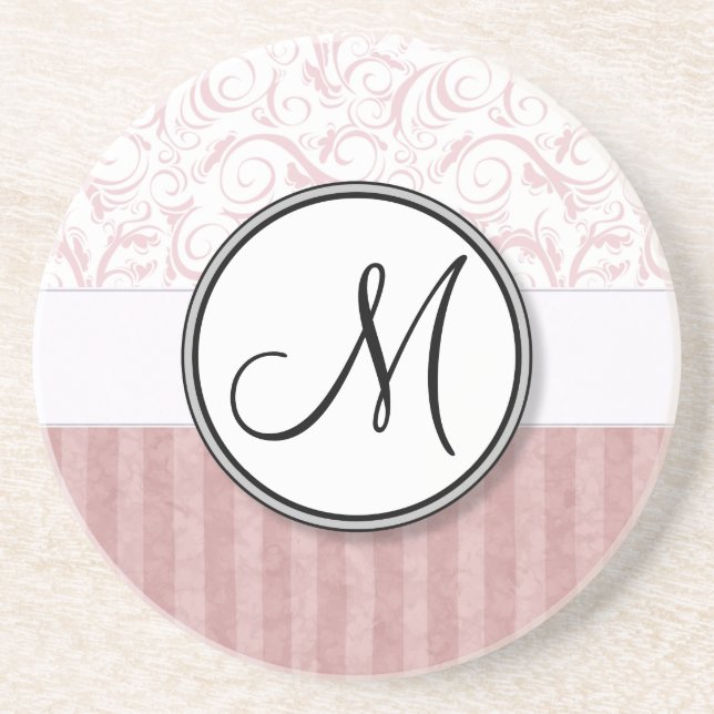 Pink Floral Wisps & Stripes with Monogram Coaster (Front)