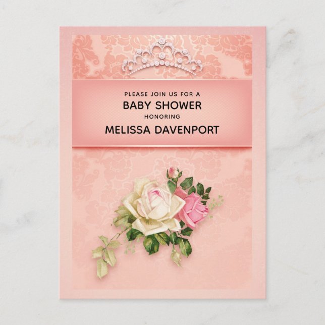 Pink floral with Diamond Tiara Elegant Baby Shower Invitation Postcard (Front)