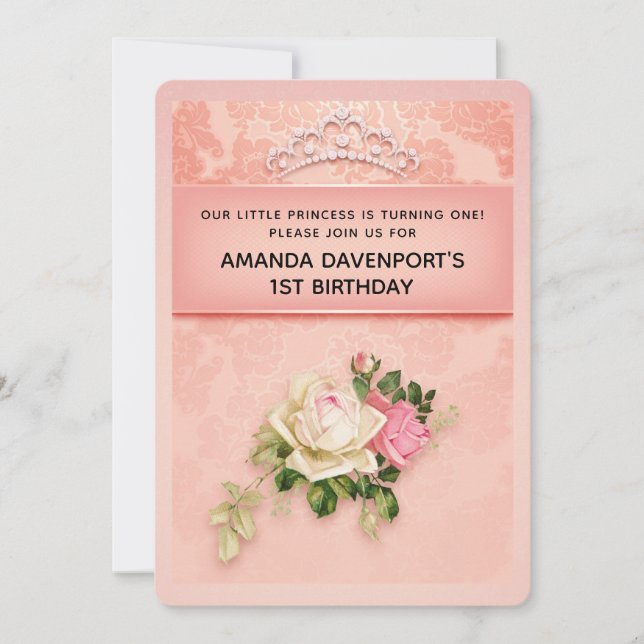 Pink floral with Diamond Tiara Elegant Birthday Invitation (Front)