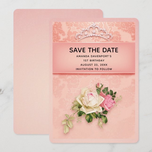 Pink floral with Diamond Tiara Elegant Birthday Save The Date (Front/Back)