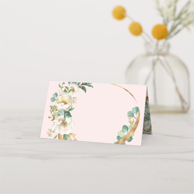 Pink Floral with Gold Cross Baptism Place Card (Front)