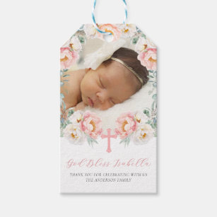 Pink Floral with Photo Baptism Favours Gift Tags
