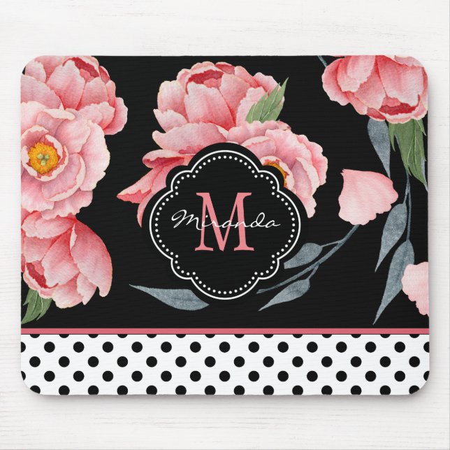 Pink Floral with Polka Dots and Monogram Mouse Pad (Front)