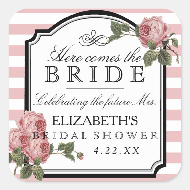 Pink Floral With Stripes Bridal Shower Favour Square Sticker (Front)
