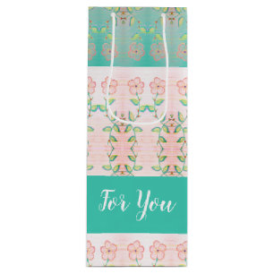 Pink Floral With Teal Wine Gift Bag