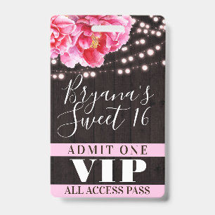 Pink Floral Wood String Lights Sweet 16 VIP Pass Badge