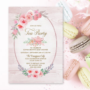 Pink Floral Wood Tea Party Baby Shower Invitation