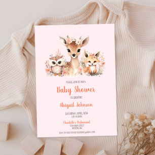 Pink Floral Woodland Animal Baby Shower Invitation