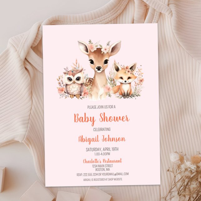 Pink Floral Woodland Animal Baby Shower Invitation (Boho Blush Pink Floral Woodland Animal Baby Shower, Deer Owl Fox, Baby Girl Shower, Chic Modern)
