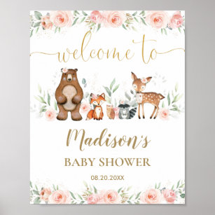 Pink Floral Woodland Animal Baby Shower Welcome  Poster