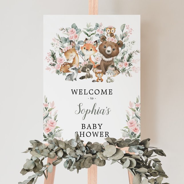 Pink Floral Woodland Animals Baby Shower Welcome Poster (Creator Uploaded)