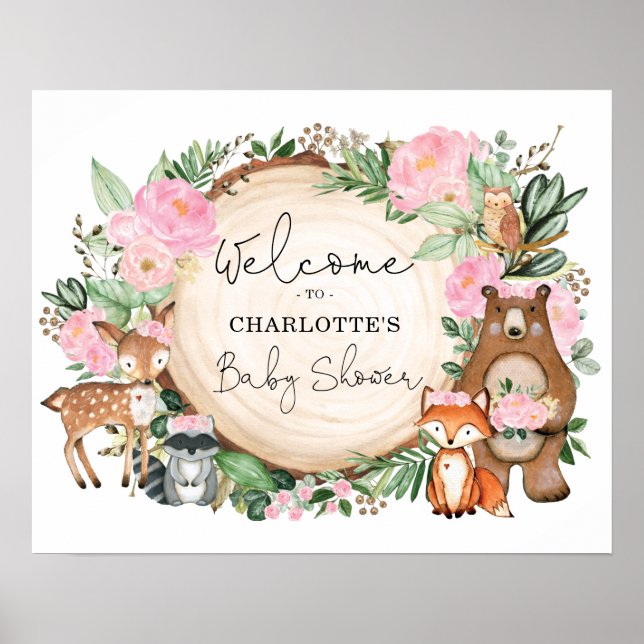 Pink Floral Woodland Animals Baby Shower Welcome Poster (Front)